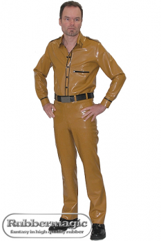 Latex trousers with coloured waistband and hip pockets
